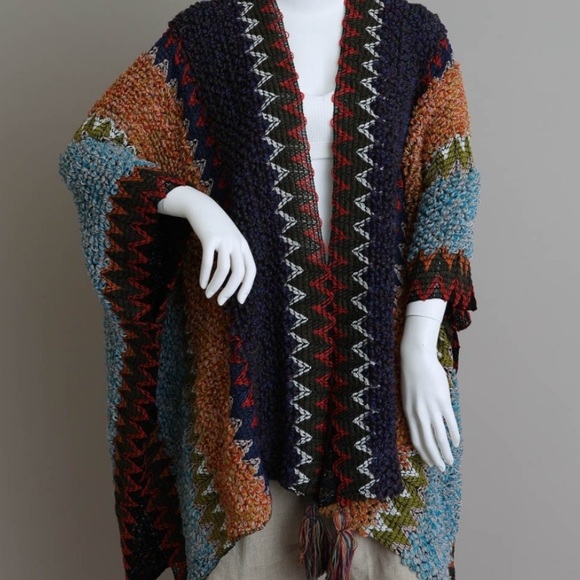 Colorful Crochet Patterned Ruana in Indigo - Picture 3 of 14